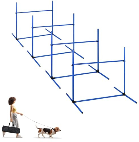 UISEBRT Hunde Agility Set, 4er Slalom Stangen Hürdenset für Haustiere, PVC Hundetrainings-Set mit Tragetasche, Höheinstellbar 104x70x101cm, Blau