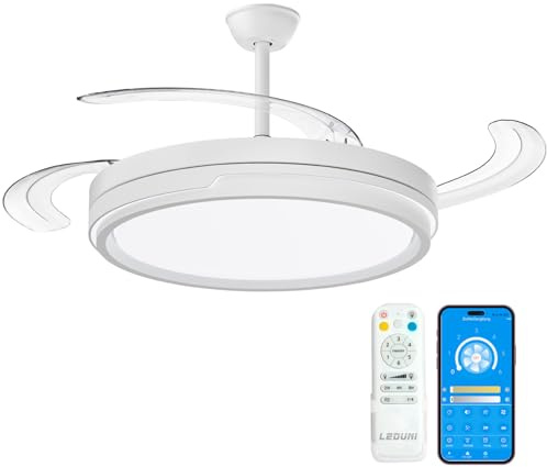 LEDUNI ® Ventilador techo con luz 30W Motor DC+36W Luz Silencioso | Ventilador Invisible Ultra con Mando a Distancia y Palas Retráctiles Interiores Plafón lluminación (Blanco Nielo)