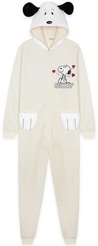 Peanuts Snoopy Jumpsuit Damen Schlafanzug, Kuscheliger Onesie, Winter Kapuzenanzug, Geschenke für Erwachsene & Teens (L, Beige)