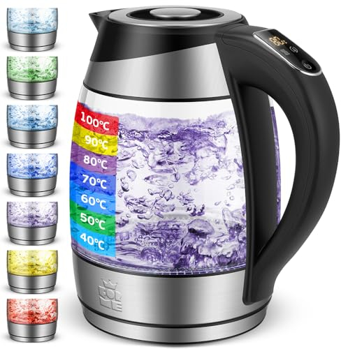 FOR ME Bouilloire Électrique en Verre 1.8L, Contrôle de la Température, Température Réglable à Partir de 40°C à 100°C, Éclairage LED 7 Couleurs, Fonction de Maintien au Chaud, Sans BPA
