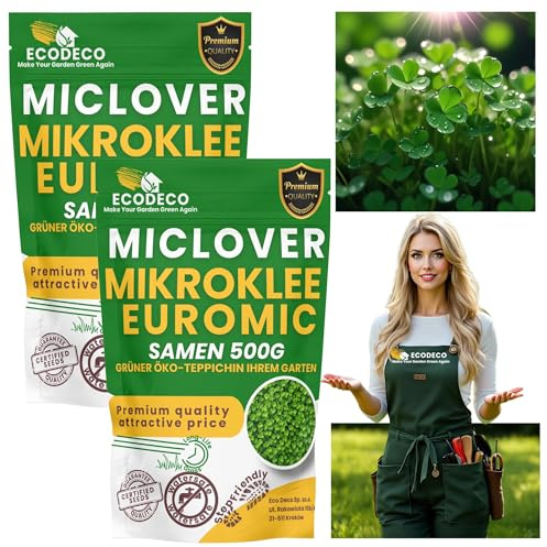 ECODECO Mikroklee Samen 1kg - Weiß Klee Rasen Samen | Zwergklee für Gleichmäßiges und Grüner Gras - Microclover für Grassamen Saatgut - 800 m²mit Gras oder 400 m² Allein