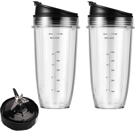 Juego de 2 vasos licuadores con 1 cuchilla de licuadora para Ninja, vasos de licuadora Ninja de 24 onzas con tapas para llevar, 7 cuchillas extractoras de aletas, repuesto para taza de batido Ninja