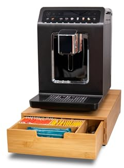 Presar Tee Organizer Box mit Schublade - Bambus Schubladen Box zur Teebeutel, Gewürze & Kaffee Aufbewahrung - Hölzerner Küchen-, Kaffee- & Teebeutel Organizer - Stabiler Kaffeemaschinenstand