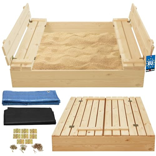 KOTARBAU® Bac à Sable en Bois Traité Naturel Imprégné avec Couvercle Refermable pour Enfant Extérieur 120x120 cm