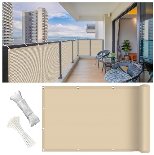 Balkon Sichtschutz 90 x 350 cm Meterware, Sonnenschutz Atmungsaktiv Sichtschutz, Pflegeleichtes Sonnenschutz Balkonbespannung mit Ösen Kabelbinder für Balkon, Creme Farben
