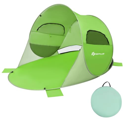 GOPLUS Strandmuschel, Pop Up Strandzelt für 3-4 Personen, Wurfzelt mit Sonnenschutz Windschutz, leicht tragbar mit Tragetasche, Sonnenzelt für Familie, Strand Camping Rasen Garten (Grün)