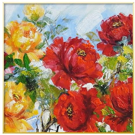 LCDIUDIU Ölbilder Auf Leinwand Handgemalt,Moderne Abstrakte Rote Pfingstrose Blume Blätter Pflanze Große Ungerahmte Handgemalte Ölgemälde Auf Leinwand Wandkunst für Wohnzimmer Schlafzimmer Bü