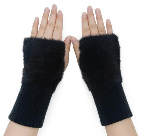 Scaldabraccia donna, Carino Peluche guanti senza dita in Peluche guanti mezze dita guanti di maglia per le donne ragazze che lavorano studiando scrittura digitando guida Indoor & Outdoor (Nero)