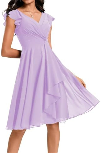 Robes courtes pour femmes demoiselles d'honneur en mousseline à col en V avec poches pour cocktail, lilas, 38