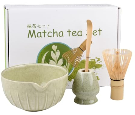 4 pcs Japanese Matcha Set,Match Bowl with Spout and Whisk,Chasen Holder, Bamboo Matcha Scoop for Matcha Tea Ceremony(Green)