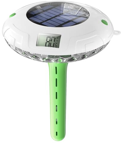 Solar Digital Pool Licht mit Dual LCD Bildschirmen, Leicht ablesbares Schwimmendes Poolthermometer mit 6 dynamischen Lichteffekten, IPX7 Wasserdicht Digital Thermometer (Hellgrün)