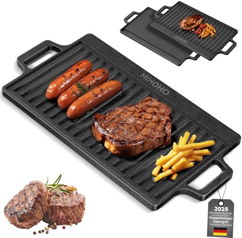 Piastra in ghisa con manici, 45 x 22 cm, piastra antiaderente per barbecue a gas, piastra a carbonella, per esterni e campeggio (18IN)