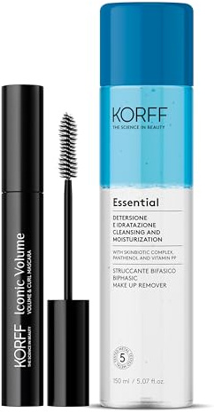 Korff, routine cura degli occhi, con Iconic Volume Mascara e Essential Struccante Bifasico