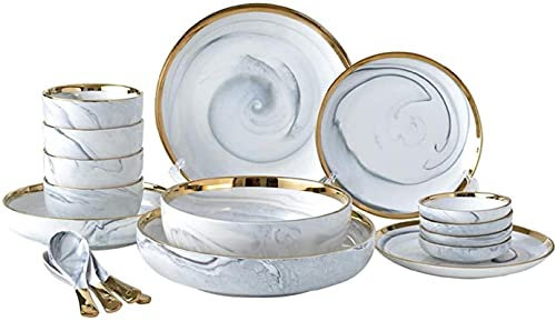 Msuiiixcccc 14 Piece Phnom Penh Marble Ceramic Dinner Set Porcelain Plates Bowls Spoons Service for 4 People