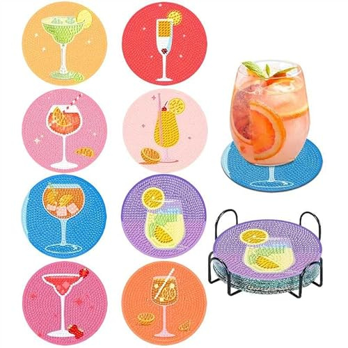 8 Pièces Diamond Painting Dessous de Verre avec Support, Peinture Diamant Dessous de Verre à Cocktail,Diamond Painting Bricolage pour Tasses, Verres à vin, vases et Cuisine à la Maison