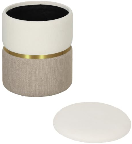 HOMCOM Sitzhocker mit Stauraum mit Deckel 36 x 36 x 44 cm Cremeweiß | Pouf, Metallring, Zweifarbig Design, Runder Fußhocker, Polsterhocker, Chenille