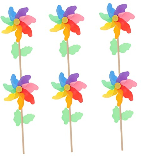 Moulins à Vent de Jardin Colorés 6 Pièces en Bois pour Garçon et Filles | PVC et Bois, 12cm, Style Cartoon Vif, Usage Extérieur, Décor de Fête et Jardin