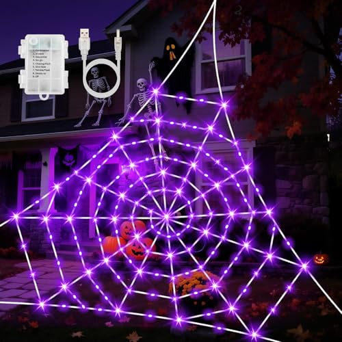 Etopgo Halloween Decoration Giant Spider Web with Purple Lights,17Ft x17FT 120LED Outdoor Spider Web Lights Baterry Powered/USB Powered with timer Waterproof for Garden Yard Halloween Decor