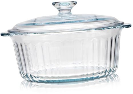 ULTECHNOVO Round Glass Casserole Dish with Lid Borosilicate Bakeware for Stewing Soup and Braising Elegant Clear Pot for Oven Microwave and Freezer Use Kitchen Essential