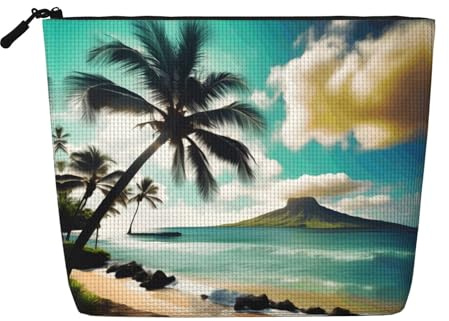 Tropical Beach Palms Print Fake Hemp Makeup Bag,Makeup Bag,Travel Bag Pouch,Toiletry Bag with Zipper