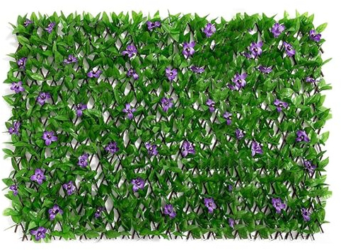 Paneles de valla de enrejado artificial con flores moradas, decoración de enrejado expandible para uso en interiores y exteriores, arte de pared de plantas artificiales de 15.75 pulgadas