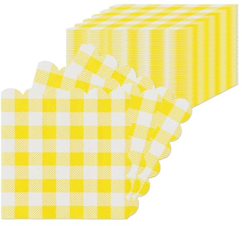 Set de 40 Serviettes en papier Vichy, 25x25cm Serviettes Jetables en Papier 2 Plis Serviettes de Cocktail en Papier pour Dîner, Mariage, Barbecue, Noël, Fête d'Anniversaire (Jaune)