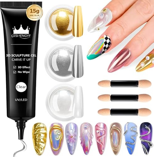 BISHENGYF Chrome Nail Powder mit No Wipe 3D Sculpting Nagelgel–Enthält Gold,Silber,Weiß Crome Pulver Nägel Farben für DIY-Nageldesigns,Maniküre-Zubehör für zu Hause (15 g)