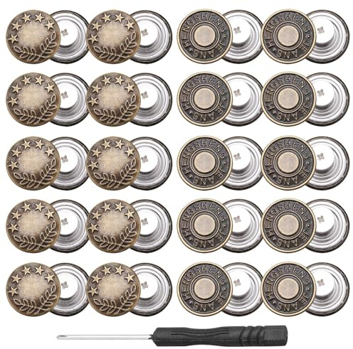 20 PCS Metal Jeans Button, 17mm Adjustable Buttons for Jeans, No Sew Jeans Buttons Replacement, Waist Tightener Clips with Screwdriver for Jeans, Shoes, Hats, Bags, Jackets, DIY Projects