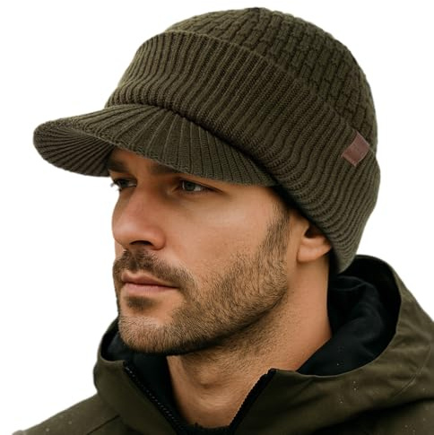 TOP-EX PolarWool™ 100% Merinowolle Schirmmütze Herren Damen, Winter Strickmützen Beanie mit Fleecefutter für Outdoor Running Ski, M-XXL (DE/NL/SE/PL, Alphanumerisch, XL, XXL, Olivgrün)