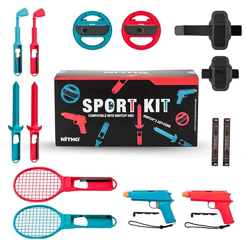 NiTHO Sports Accessory Kit Compatible with Switch 2 Controllers, Sports Game Bundle with Racing Wheels, Tennis Rackets, Swords and Pistols, Compatible with Switch 2 / Switch & OLED