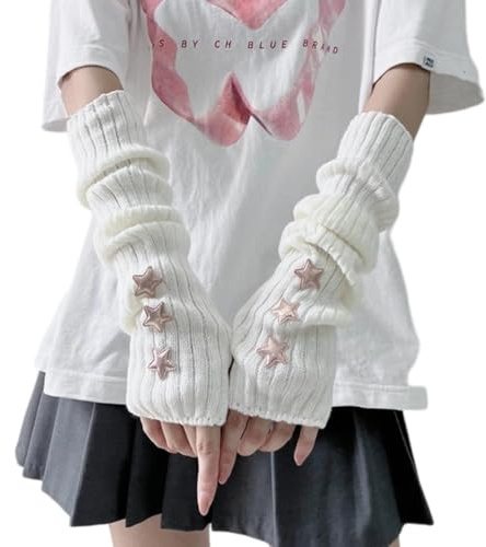 IHLOOTD 1 Paar Armstulpen Damen Y2K Stulpen Damen Arm Stern Lange Arm Warmers Fingerlose Armwärmer Cosplay Lolita Süße Punk Streetwear Armstulpen