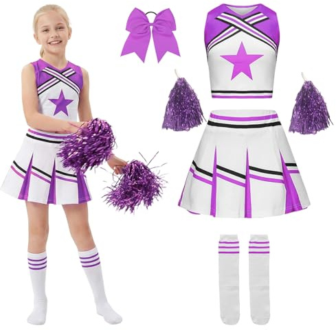 Moerstar Cheerleader Kostüm Kinder Mädchen mit Cheerleader Pompons Socken Schleife Haargummi, Cheerleading Karneval Kostüm Mädchen für Karneval Halloween