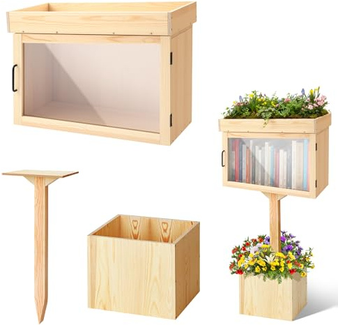 Wonderjune Wooden Little Library Box Outdoor Free Library Box Storage with Floor Plugs and Small Flower Fence for DIY, Neighborhoods, Community, Schools Sharing Books, Newspapers