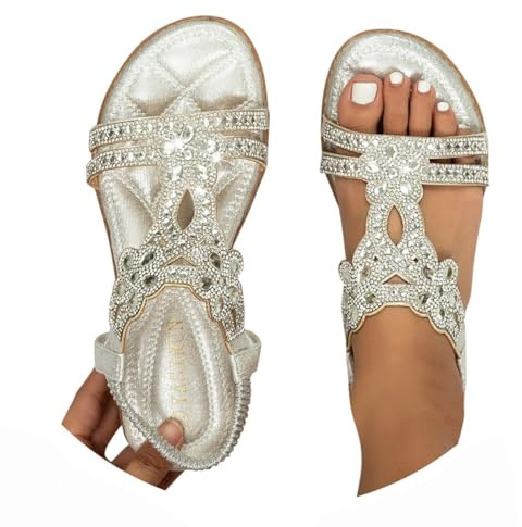 Generico Sandali Donna Estive,Sandali Donna Estive Eleganti,Sandalo Gioiello,Sandalo Da Con Strass,Infradito Con Strass,Infradito Gioiello,sandali Bohémien, Casual Open Toe sandali,sandals argento 39