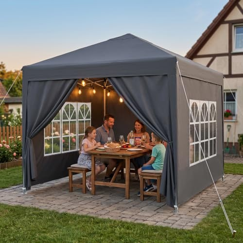 Soontrans Pavillon mit Seitenwänden für Geschützte Gartenmittelpunkt & Beisammensein, Pavillon 3x3 Wasserdicht Stabil Winterfest, Höhenverstellbar, Pop-up Rahmen & Sandsäcke & Tragetasche (Anthrazit)