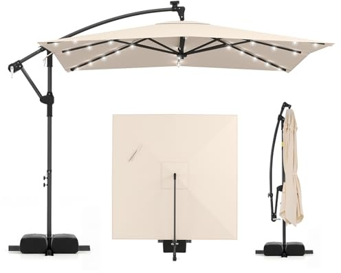 COSTWAY 2.5M/3M Cantilever Garden Parasol, Square Offset Banana Umbrella with 360° Rotation, Crank Handle & Base, 8-Rib Outdoor Hanging Sun Shade Canopy (2.5M, Beige-with Lights & Sandbags)