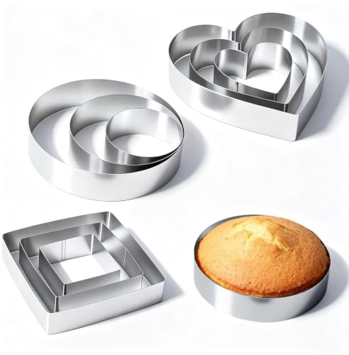MUNGHOK Lot de 9 anneaux à gâteau ronds en acier inoxydable de 10 cm, 15 cm, 20 cm + moule à gâteau en forme de cœur + anneau à gâteau carré, 4,5 cm de haut en acier inoxydable pour la préparation de