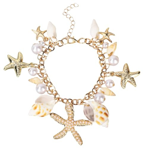 Mikovivi Doré Bracelet Étoile de Mer et Coquillage, Femme Bracelet Plage d'Été Bijou à Breloques sur Thème de Mer Perles pour Vacances Plage et Fêtes Piscine