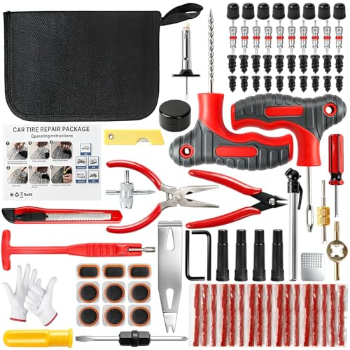 OFNMY Kit Reparation Pneu Voiture, 101 Pièces Kit Meche Pneu Voiture Universal, Kit Anti Crevaison Voiture Tubeless, Outils Réparation Pneus Portables pour Auto, Moto, VTT, Camion, Tracteur, SUV
