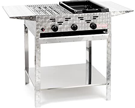 Gasgrill-Kombibräter 11kW 3-flammiger Edelstahl-Brenner Standmodell mit kl. Grillrost und kl. emaillierter Stahlpfanne Gastrobräter Profigrill