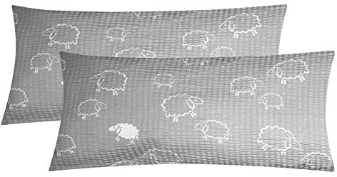 Seersucker Kissenbezug 2er Set 40x80cm Schafe Lämmer Grau Weiß (99-7-S) | 100% Baumwolle, Kopfkissen-Bezug, Kissenhülle, Doppelpack, Reißverschluss