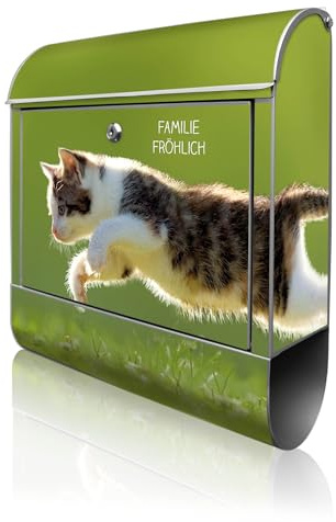banjado Design Briefkasten personalisiert 38,5x46,5x13cm & 2 Schlüssel - Briefkasten Stahl Silber Zeitungsfach pulverbeschichtet - Postkasten A4 Einwurf inkl. Montagematerial - Motiv Jagende Katze