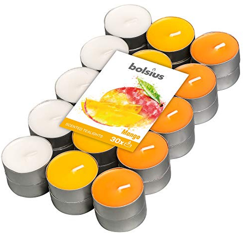 Bolsius - 30 Duft theelichter - Mango - Brenndauer von 4 Stunden - Durchmesser 38 mm – Natürliche Extrakte – Enthält Veganes Wachs – Ohne Palmöl