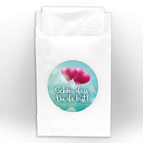 JuNa-Experten 100 Tüten (6,50 x 9 cm/weiß) + 100 Aufkleber SCHÖN, DASS DU DA BIST Etiketten für Taschentuchverpackung bei Hochzeit Taufe Geburtstag Jubiläum Zwei Herzen