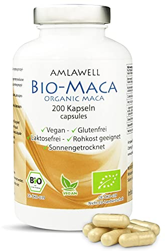Amlawell Bio Maca Kapseln - Vegan - Peru - ohne Laktose und Gluten - aus deutscher Herstellung - 200 Kapseln in einer Packung - DE-ÖKO-039