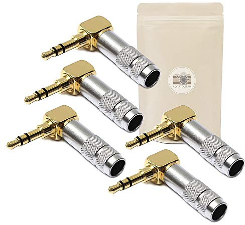 5x Spina minijack mini jack 3,5mm con gomito angolo retto 90° - connettore da saldare in metallo placcato oro - Adaptout marca francese