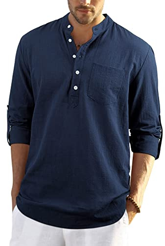 Enlision Hombre Camisa Informal de Lino Camisa Ajustada de Color Liso Camisa con Cuello en V Blusa de Moda con Botones T-Shirt Verano Informal Azul Marino XL