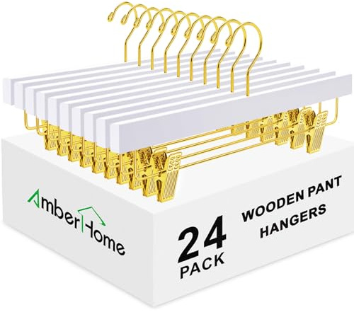 Amber Home 24 Pack White Wooden Pants Hangers with Gold Clips, Wood Skirt and Trouser Hangers for Jeans, Slacks, Shorts