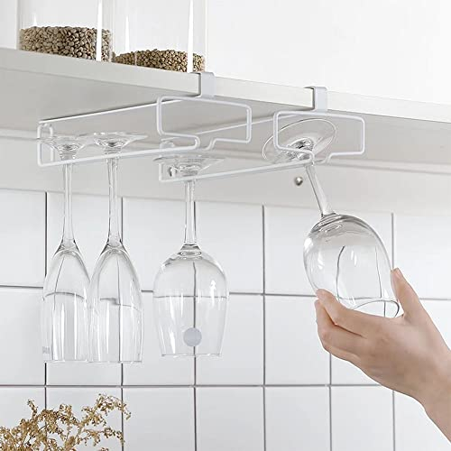 LINFIDITE 2 Pack Wine Glass Holder Under Cabinet Stemware Rack Hanger Wine Glass Rack No Drilling Hanging Champagne Goblets Storage Organiser,White