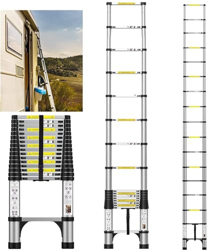 FEETE 16.5FT Telescoping Ladder, Aluminum Extension Ladder w/Triangle Stabilizers and Non-Slip Feet, 330lbs Capacity Retractable Extendable Ladder for Home, Work, RV and Outdoor Silver